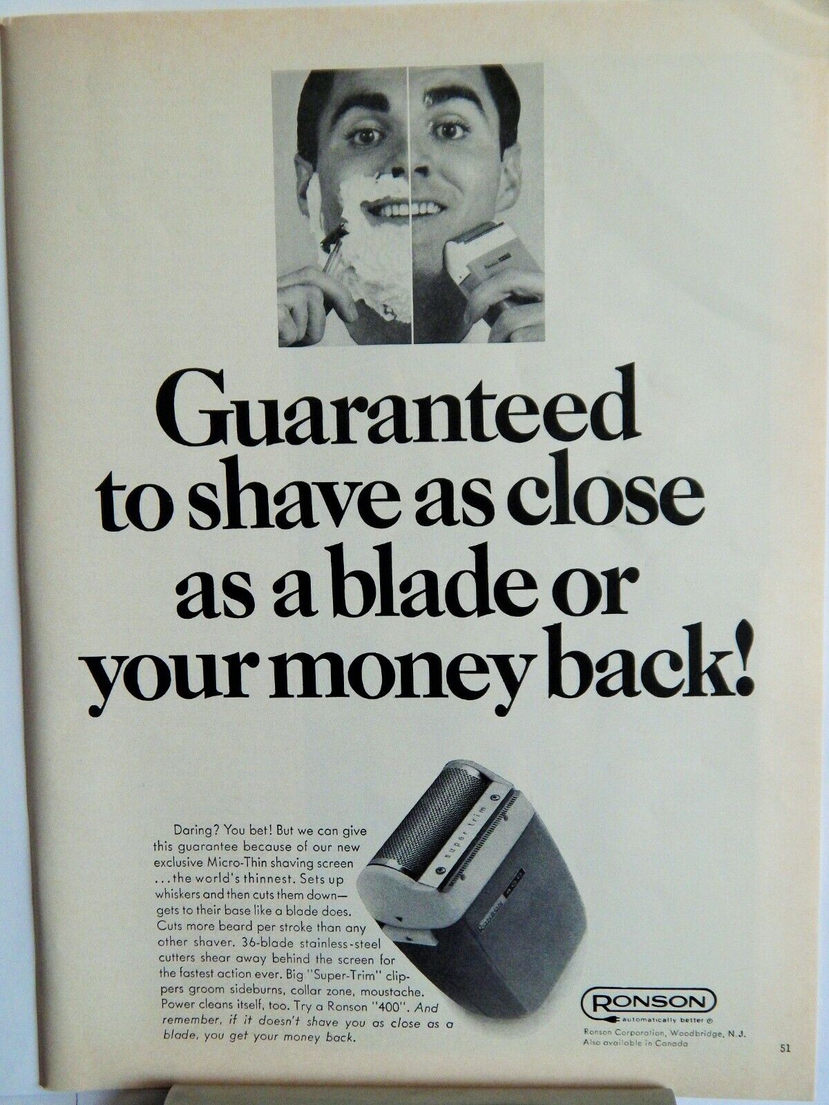 RONSON ELECTRIC MENS SHAVER ORIG. VTG 1966 Photo Poster painting AD, RARE EPHEMERA