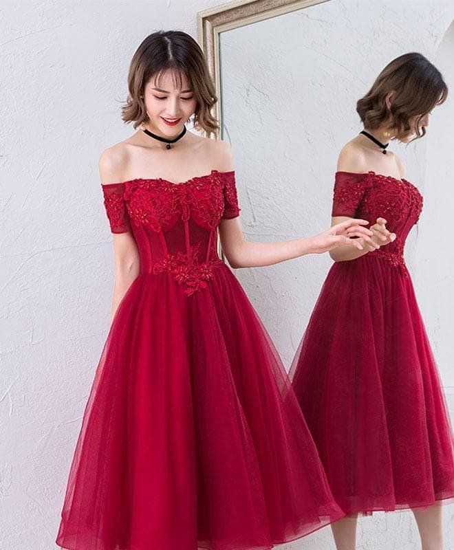 Cute Burgundy Off Shoulder Short Prom Dress