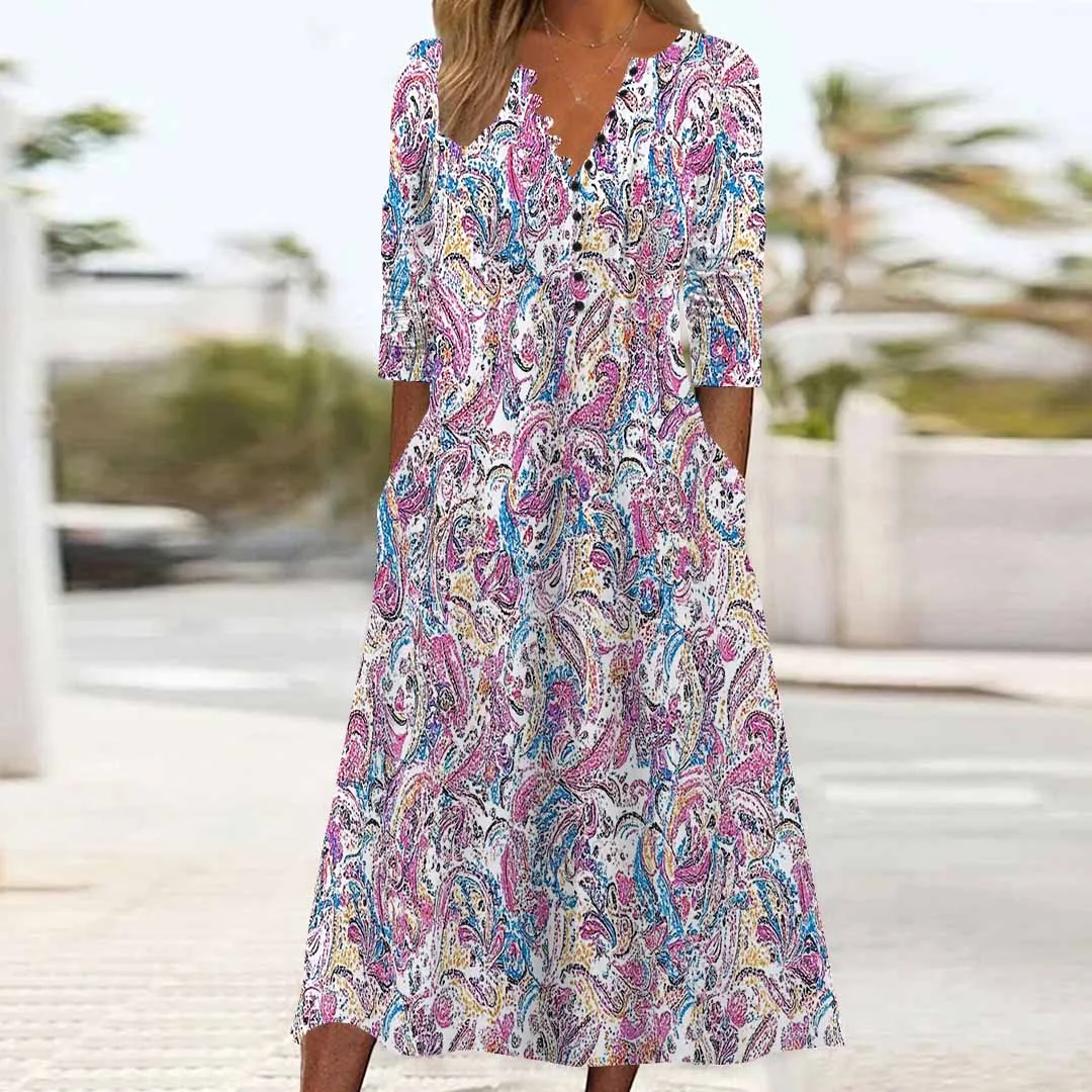 Women Graphic,Pink DZHB8174 Long Sleeve V-Neck Graphic Printed Midi Dress