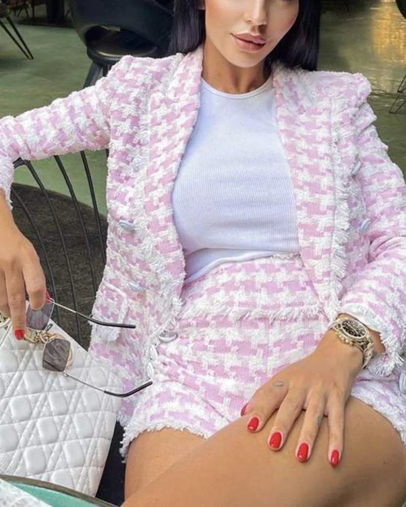 PINK HOUNDSTOOTH TWEED BLAZER