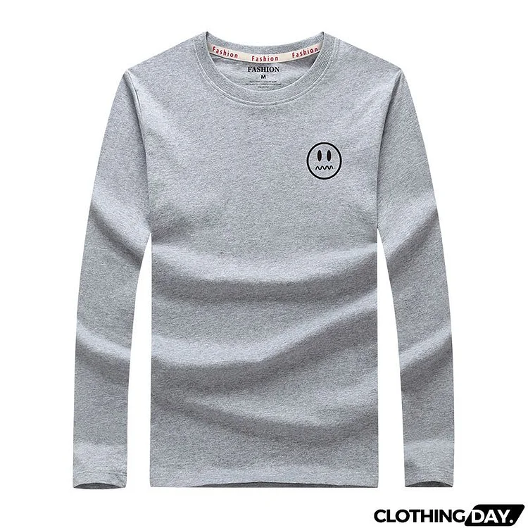 Men Plus Size Basic Long Sleeve Round Neck Smiley Printed Loose T-shirt