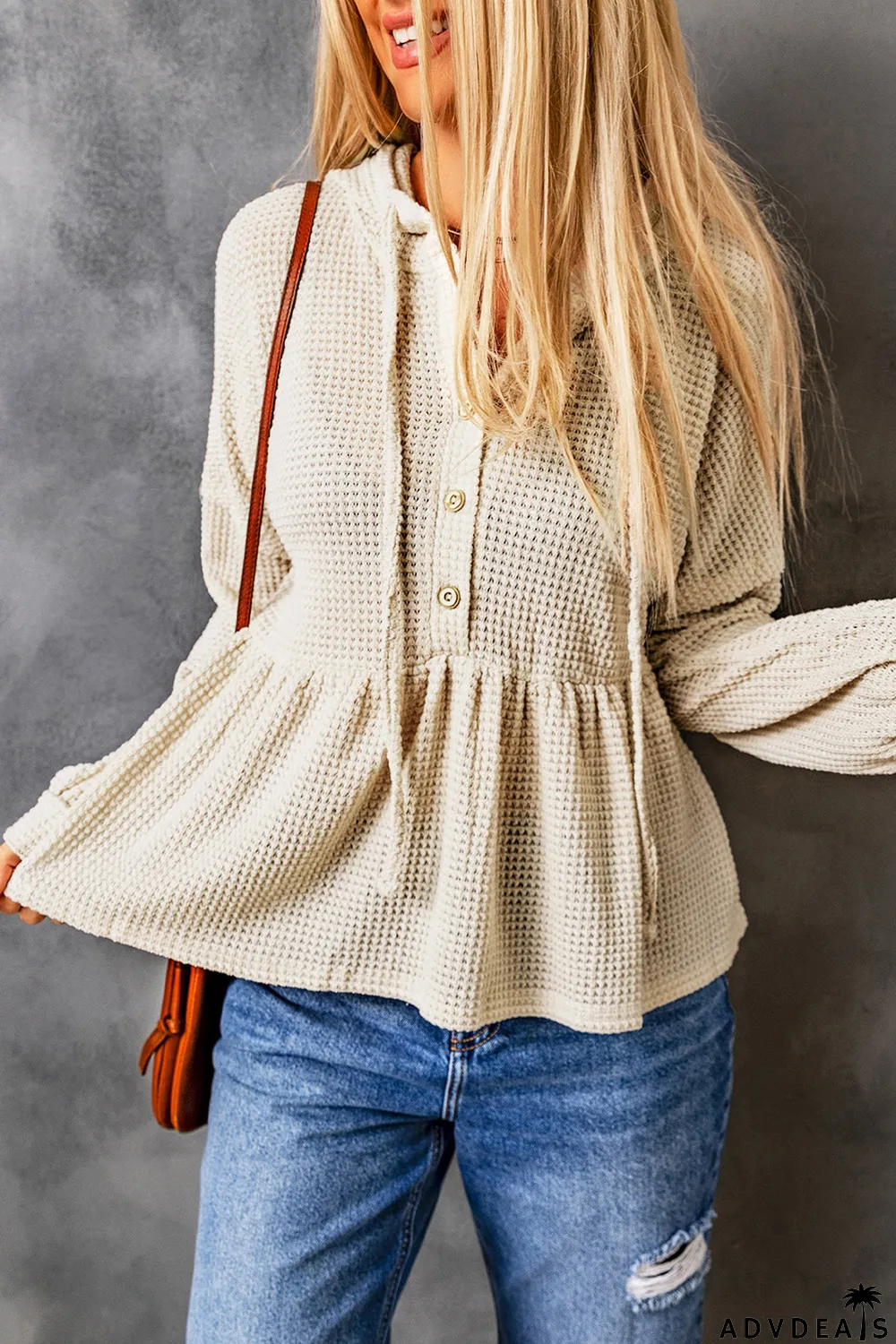 Apricot Waffle Knit Buttons Ruffled Hooded Top