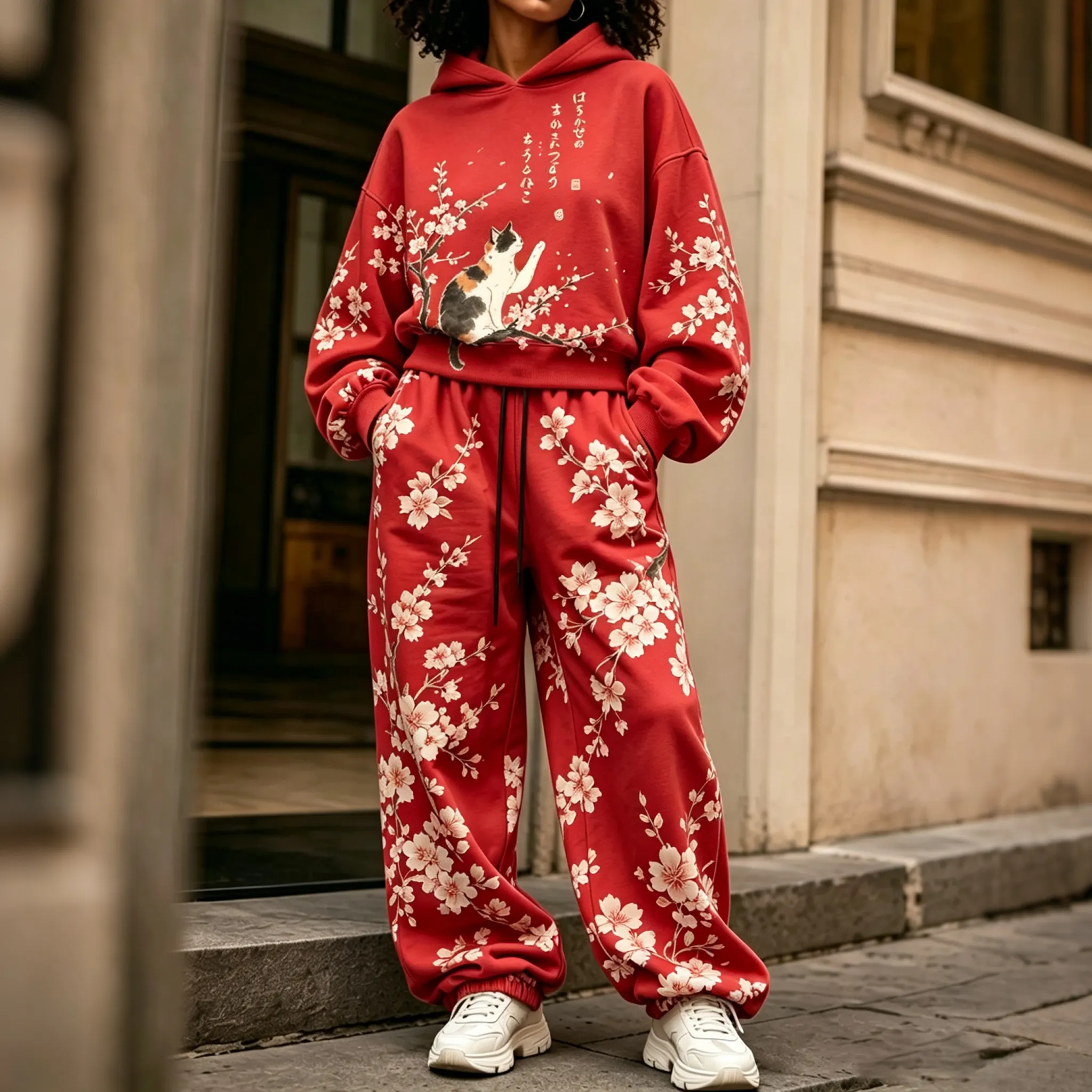 Comstylish Comstylish Women's Vintage Japanese Cherry Blossom And Cat Art Print Hoodie Two Piece Set