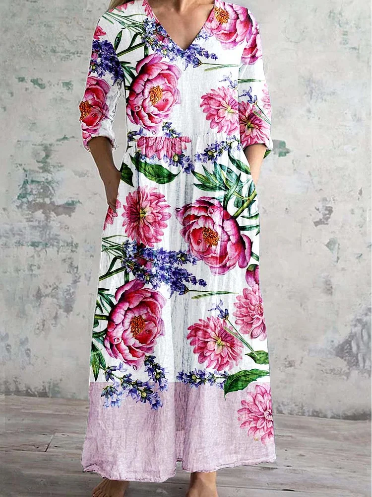 Women's Rose Flower Pattern Resort Style V-Tie Pocket Dress