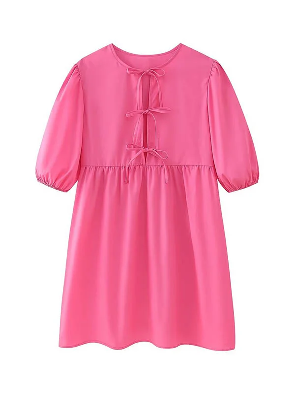 Elasticity Hollow Lace-Up Pleated Split-Joint Loose Puff Sleeves Round-Neck Blouses&Shirts Tops