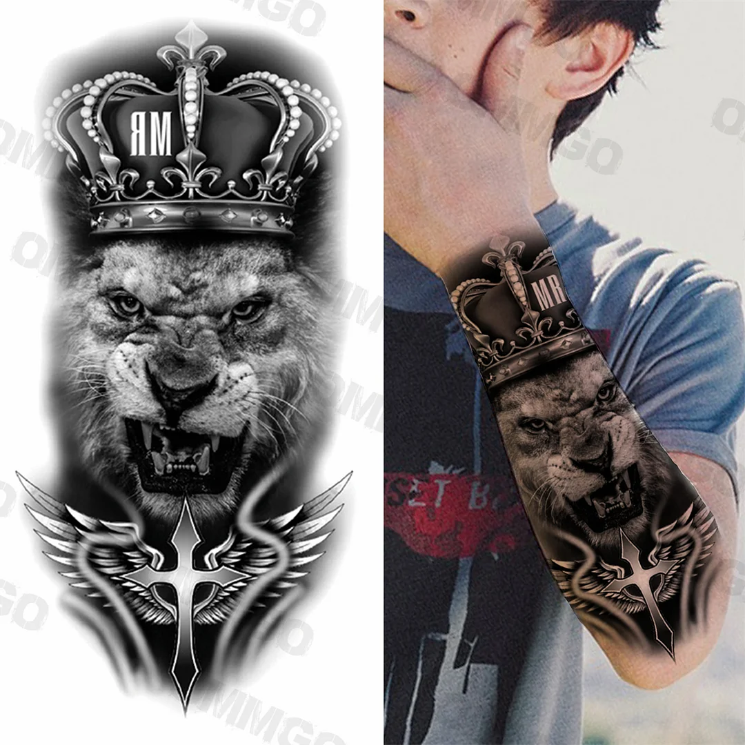 Sdrawing Rose Flower Skeleton Temporary Tattoos For Women Adult Girl Lion Tiger Crown Fake Tattoo Body Art Painting Tatoo Decal