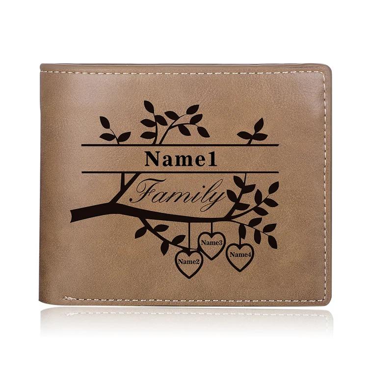 4 Names-Personalized Family Tree Leather Mens Wallet Engraved 4 Names-Special Gift Photo Wallet For Father/Grandpa