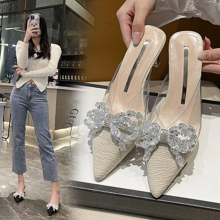 Wongn Wongn Summer New Korean Version Of The Bow Water Diamond Tip Head Half Drag High Heel Slippers Thin Heel Women's Shoes