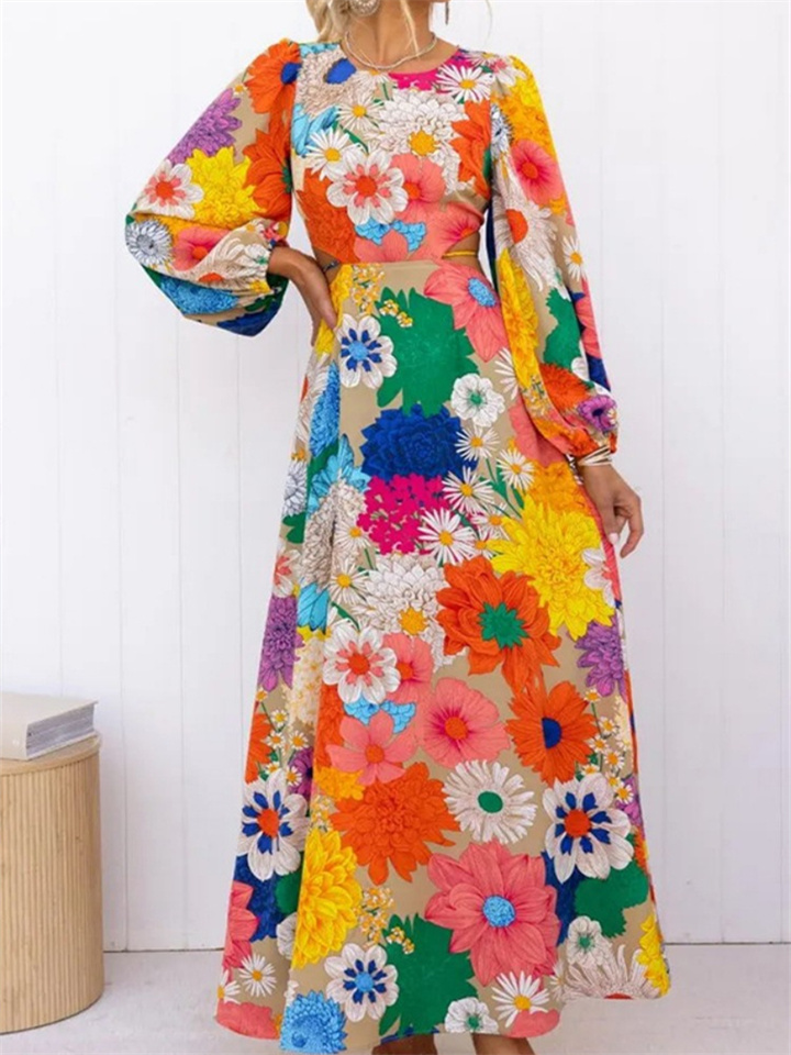 Fall New Long Sleeve Dopamine Printed Tie Belt Waistless Vacation Street Fashion Dresses for Women