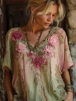 Boho Pink Roses 3d Embroidered Glitter Gradient Linen Shirt