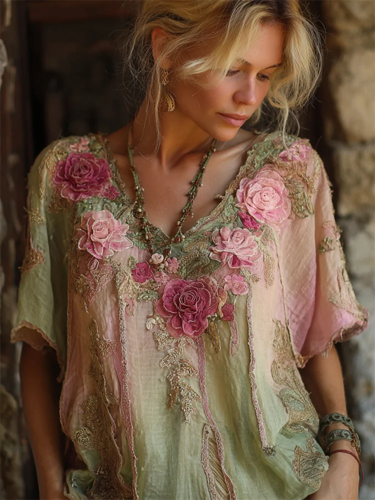 VChics Boho Pink Roses 3d Embroidered Glitter Gradient Linen Shirt