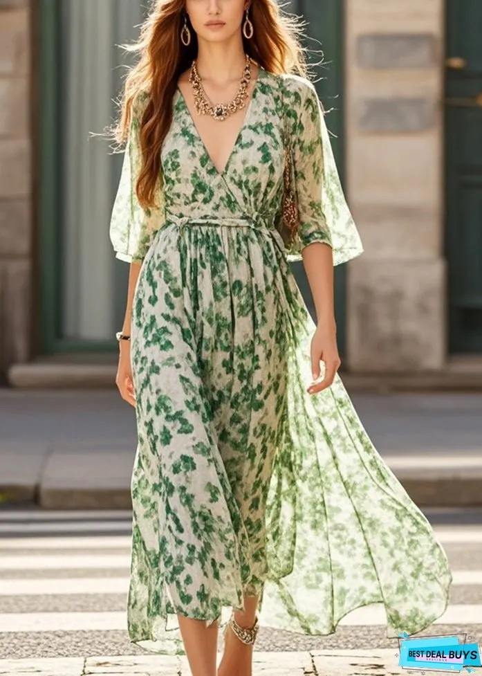 Stylish Green V Neck Print Chiffon Long Dresses Summer