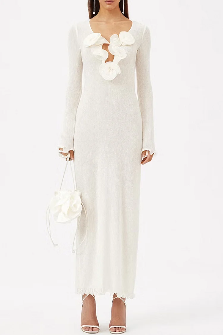 Knit 3D Flower Decor Long Sleeve Slim Fit High Slit White Maxi Dresses