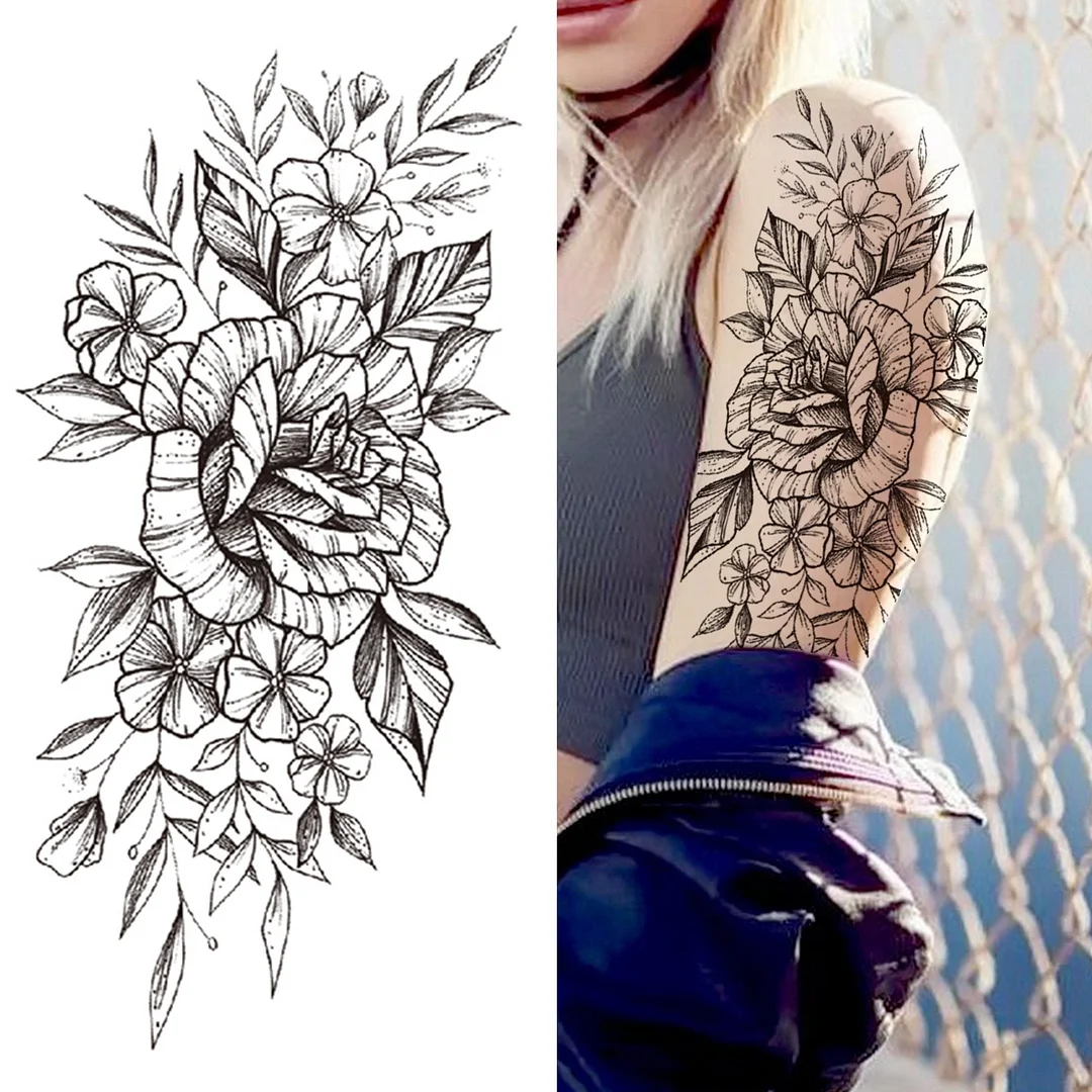 Realistic Fake Peony Temporary Tattoos For Women Girl Black Rose Elephant Flower Tattoo Sticker Tiger Anemone Tatoos Half Sleeve 1118 515-1