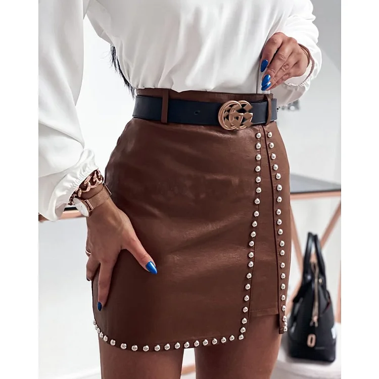 Elegant Fashion Rivets PU Leather Skirts 
