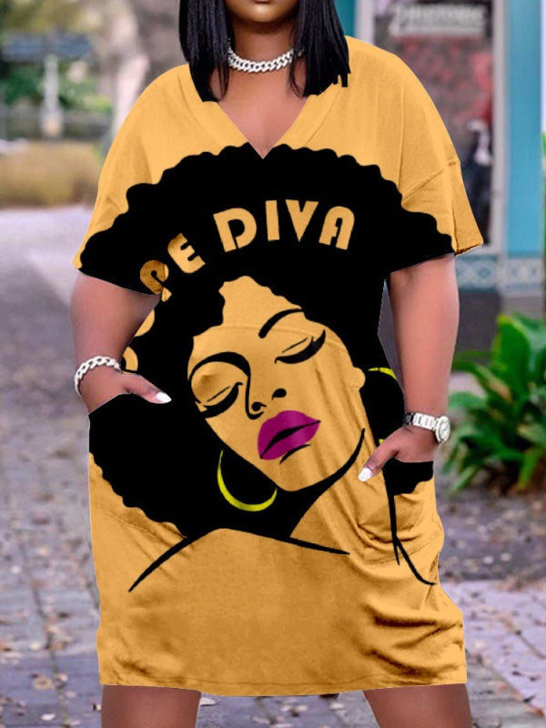 Women's Yellow Plus Size V-neck Mid-sleeve Dress