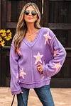 Women's Brushed Star Graphic V Neck Drop Shoulder Oversize Purple Sweater