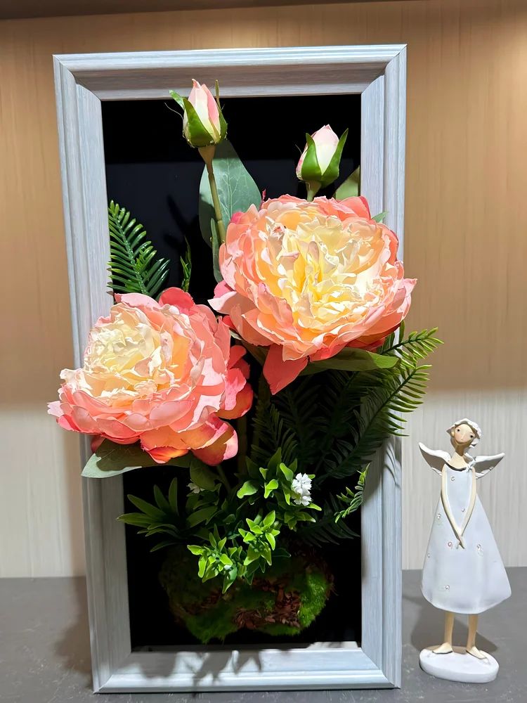 Gradient Peony Realistic Framed Flower Art (9.0*17.7 in) - 3D Artificial Flower Decoration for Living Room & Entryway