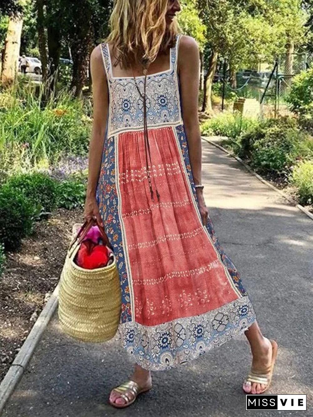 Casual Ethnic Square Neck Sleeveless Loose Dresses