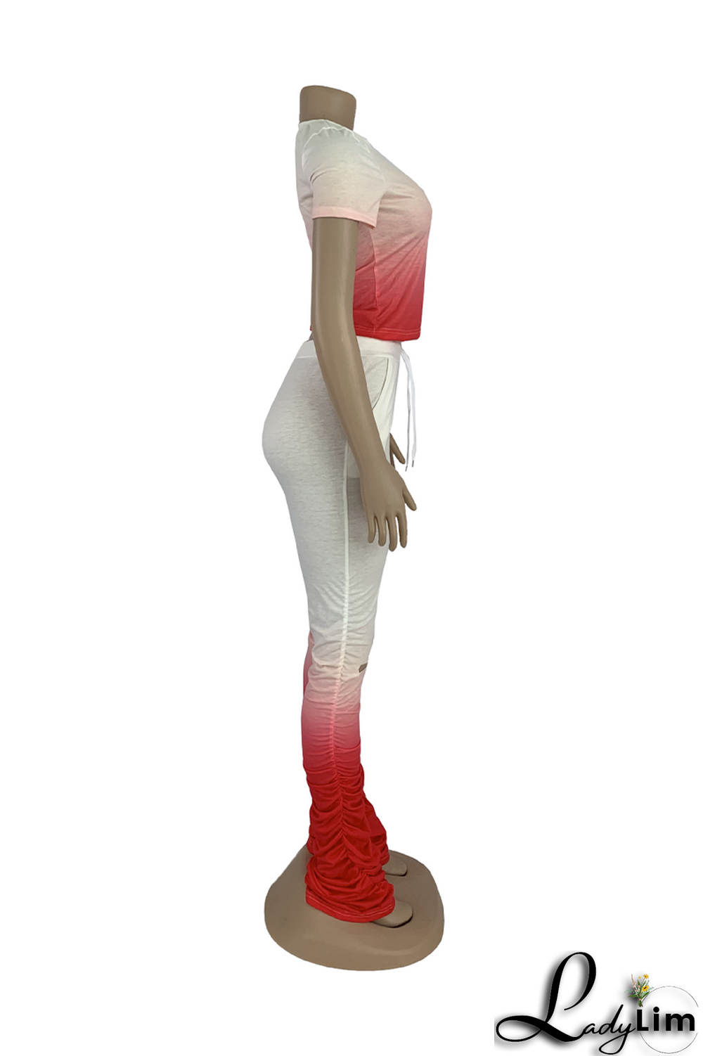 Red Fashion Gradual Change Ripped O Neck Short Sleeve Two Pieces