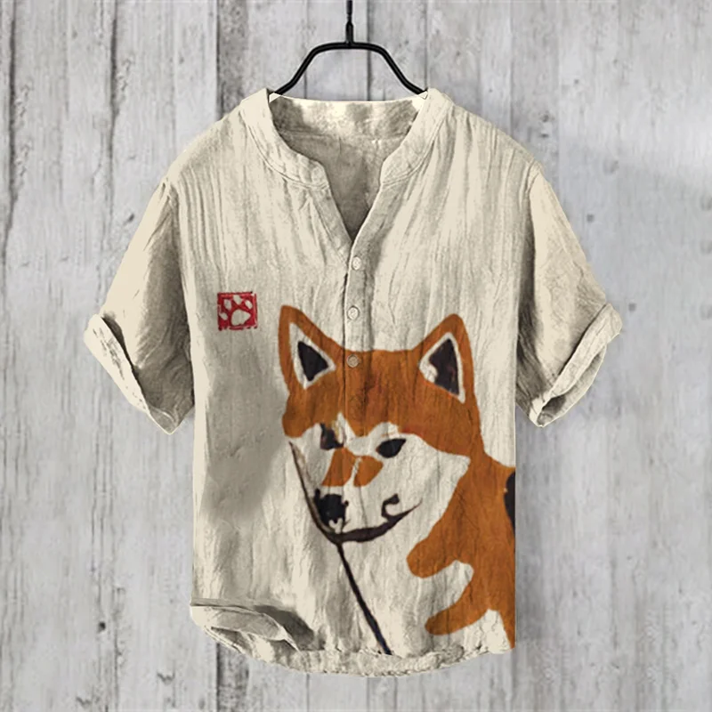 Vintage Shiba Inu Dog Japanese Art Print Linen Blend Comfy Shirt