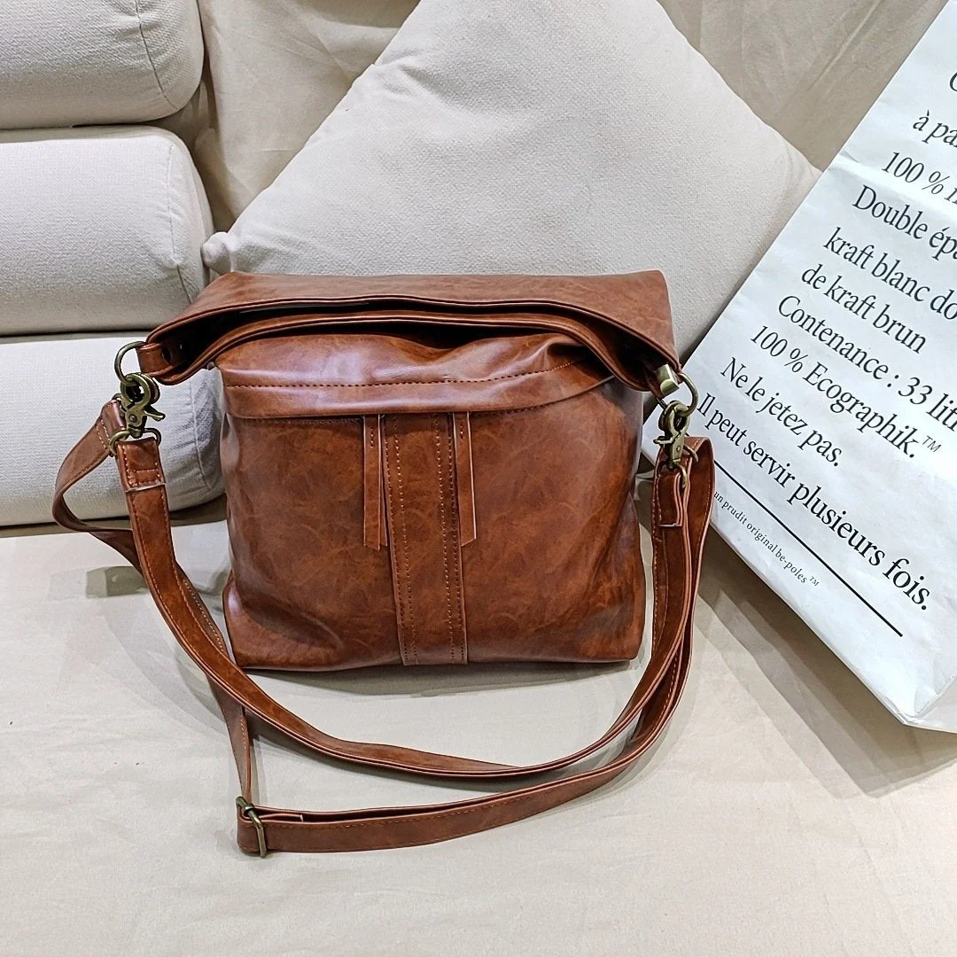 New Vintage Oil Wax Leather Shoulder Slung Women's Bag Bag Soft Leather Gradient Women's Bag
