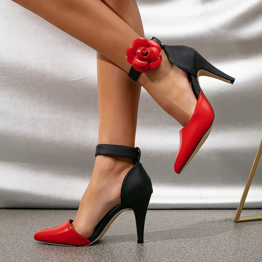 Black & Red  Closed Pointed Toe Rose Pumps With Stiletto Heels Nicepairs