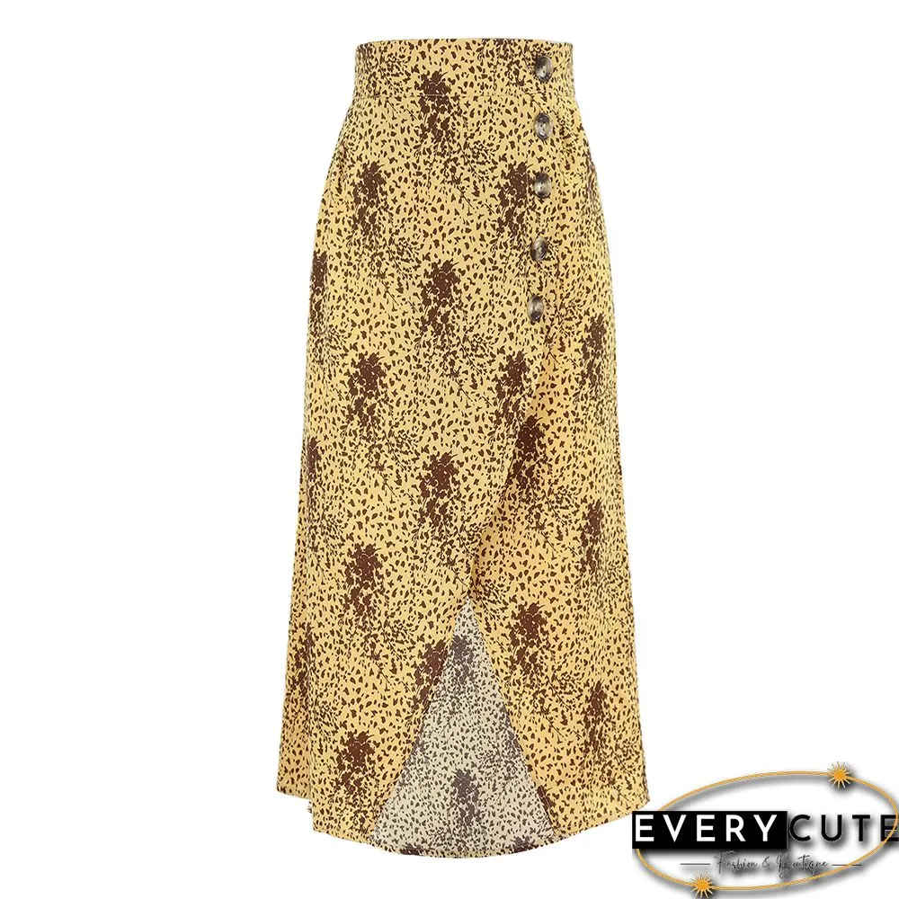 Yellow Floral Print Split Front Wrap Skirt