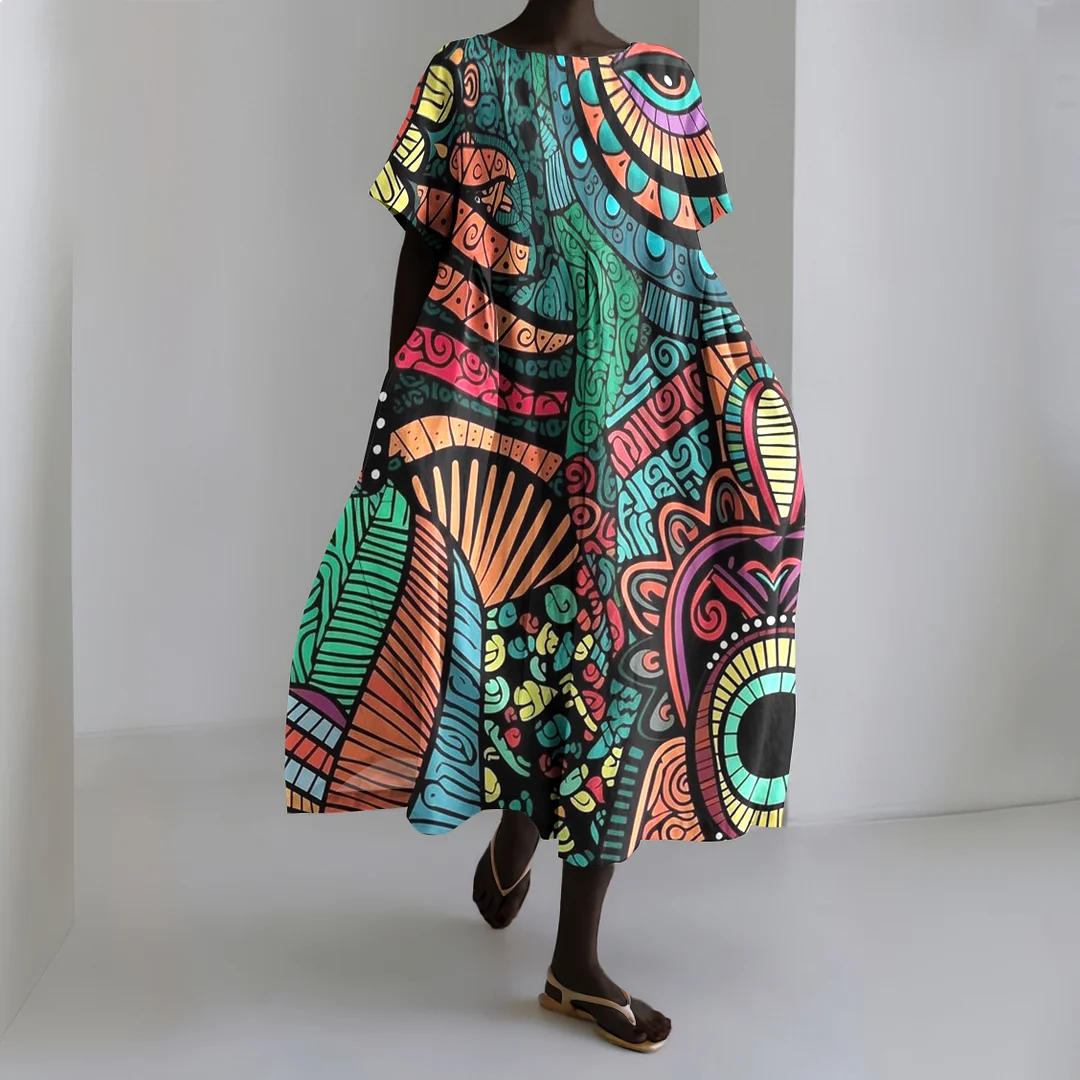 African Geometric Art Graphic Linen Blend Maxi Dress