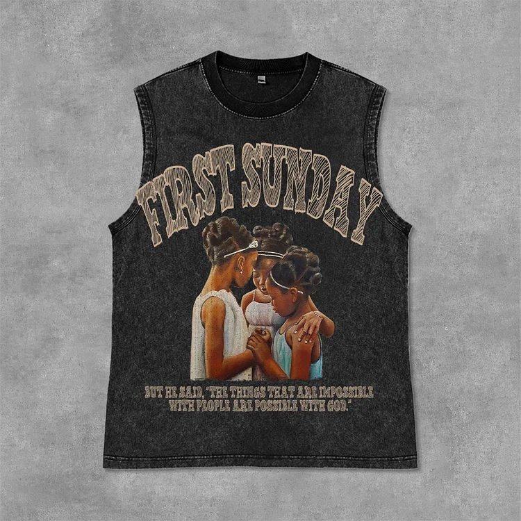 Retro First Sunday Faith Bible Graphic Print Acid Washed Vintage Sleeveless Tank Top SOPULA