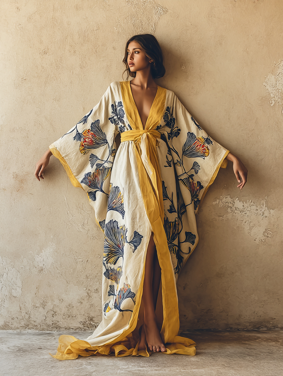 Women's Yellow Flower Kimono Linen Robe (Including Belt)