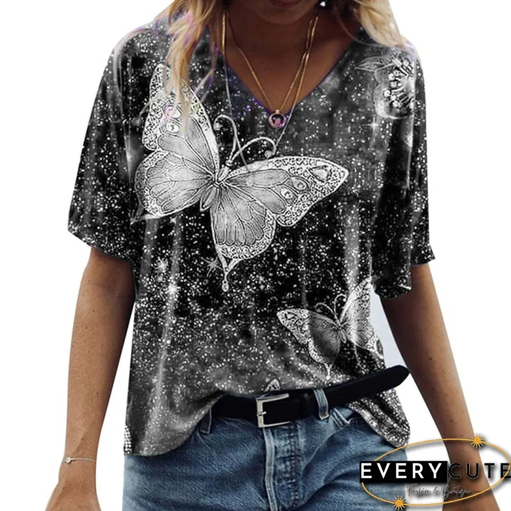 Women's Fashion Spring and Autumn New Five-point Sleeve Butterfly Print Tops
