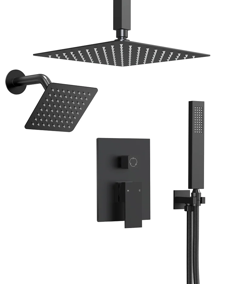 EVERSTEIN SFS-1060-BK10 10'' Dual Rainfall Shower System with 3-Spray Patterns, Ceiling Mounted and Rough-in Valve