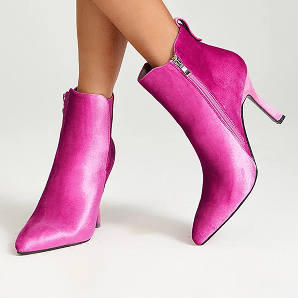 Fuchsia Gradient Leather Pointed Toe Boots Classic Stiletto Ankle Boots Nicepairs