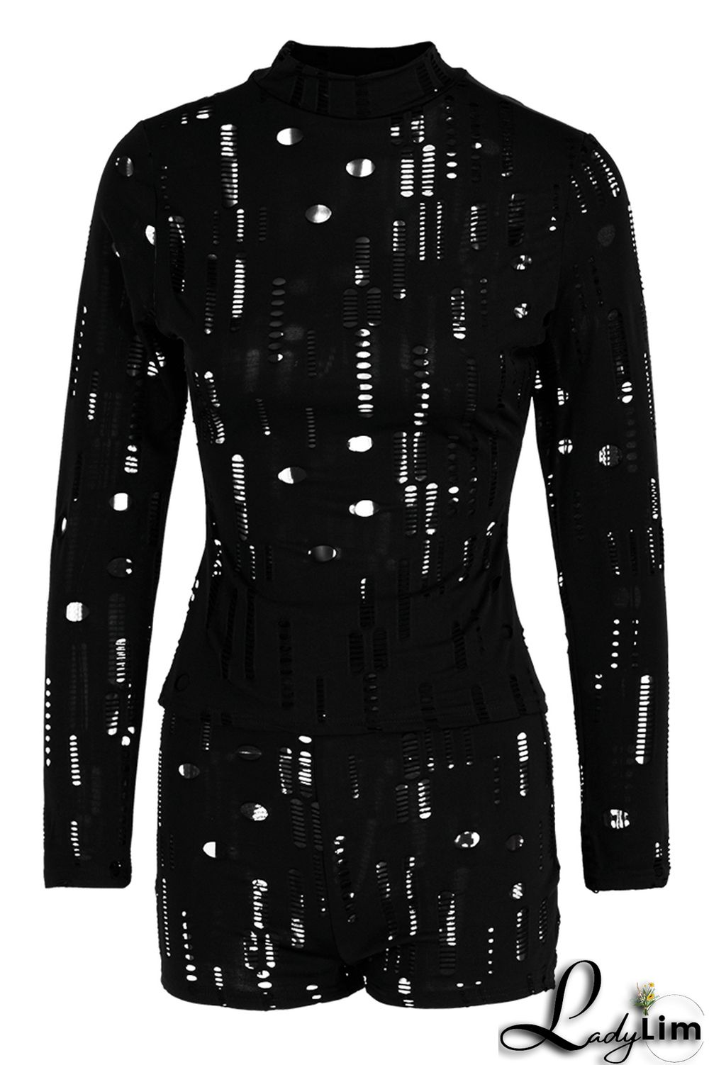 Black Fashion Sexy Solid Ripped Half A Turtleneck Long Sleeve Two Pieces