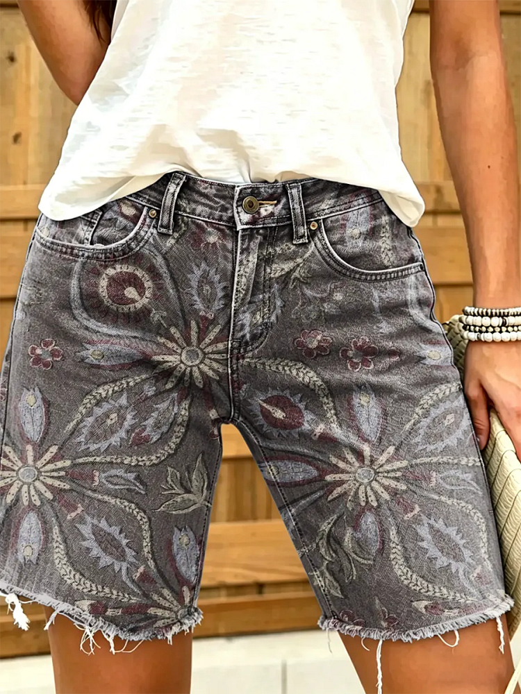 Women's Boho Floral Paisley Print Mid-Length Frayed Hem Denim Bermuda Shorts