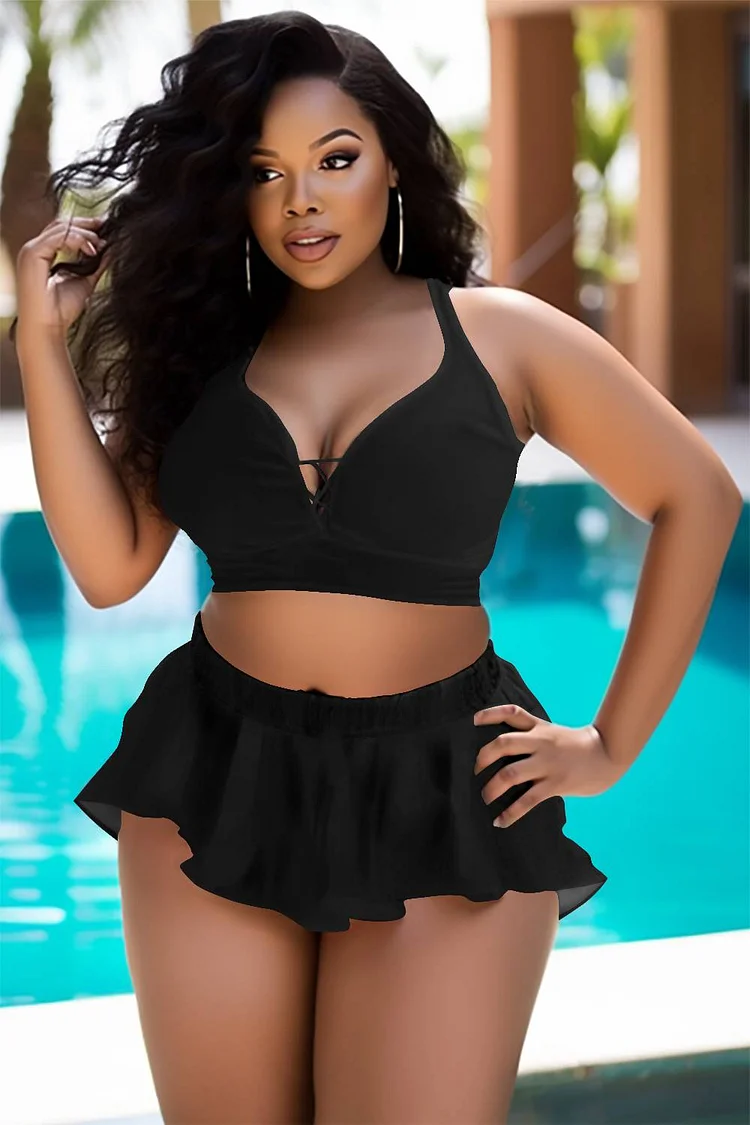 Xpluswear Design Plus Size Beach Black Sleeveless Swimsuit Fabric Two Pieces Swimsuit [Pre-Order]