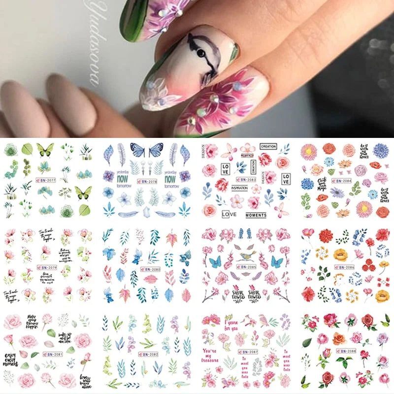 12 Designs Nail Stickers Set Mixed Floral Geometric Nail Art Water Transfer Decals Sliders Flower Leaves Manicures Decoration-Nail Inspo