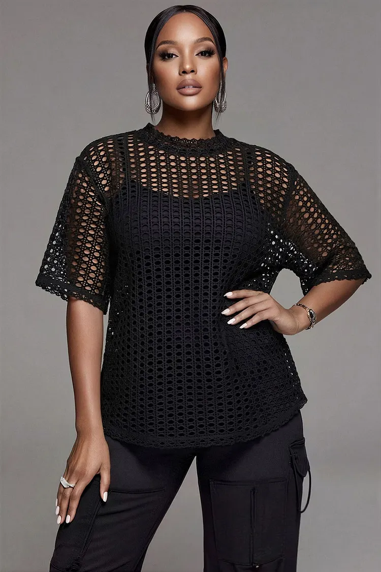 Xpluswear Design Plus Size Party Black Round Neck Short Sleeve Cut Out T-Shirts 2024 - Xpluswear