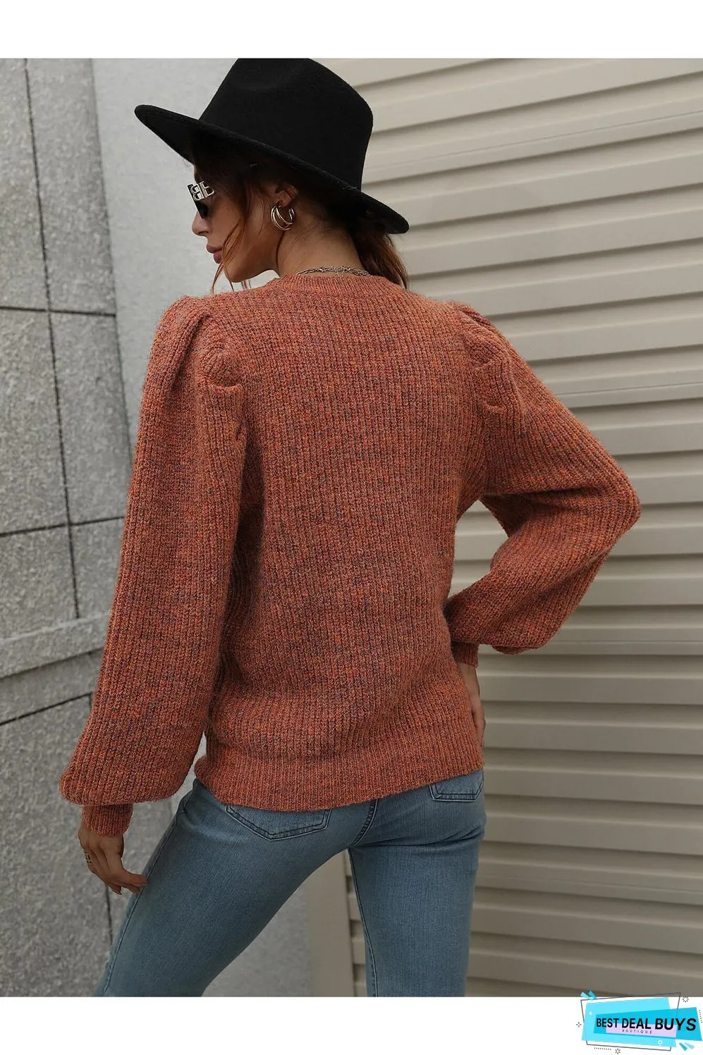 Heathered Long Lantern Sleeve Rib-Knit Sweater