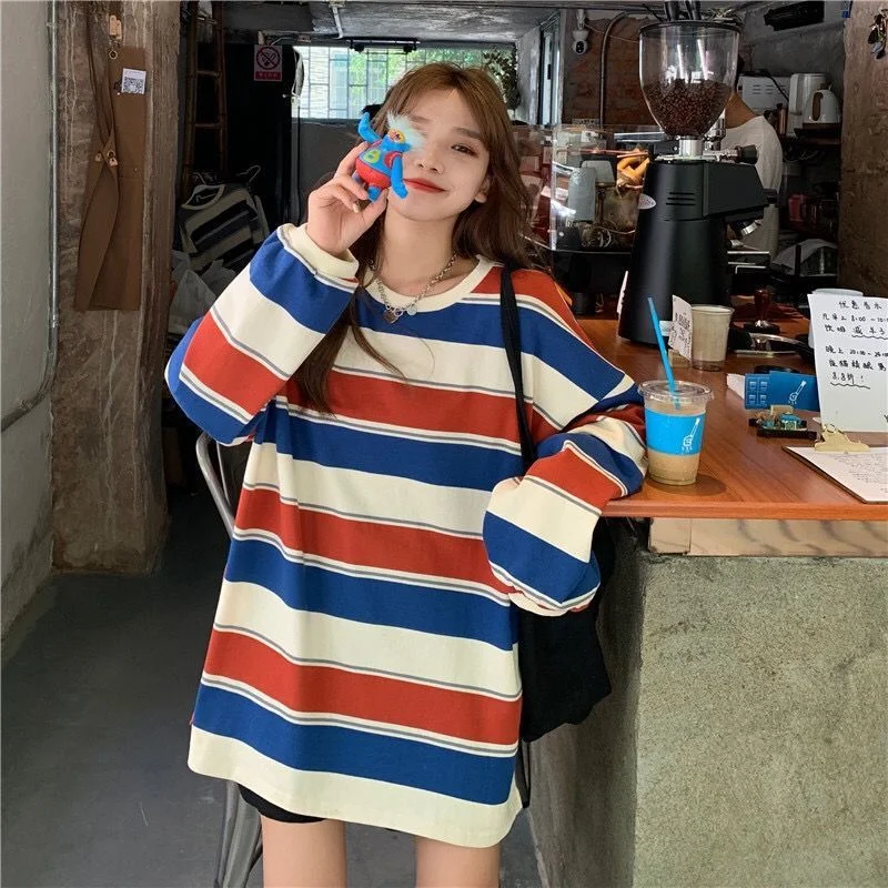 Brownm Brownm 2024 New Korean Version Of Loose Striped Long-Sleeve T-Shirt Female Ins Web Celebrity Students With Thin Clothes