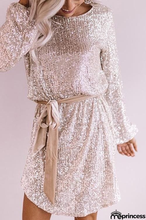 Sequin Belted Long Sleeve Mini Dress