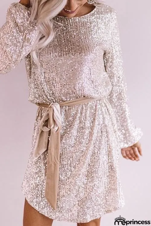 Sequin Belted Long Sleeve Mini Dress