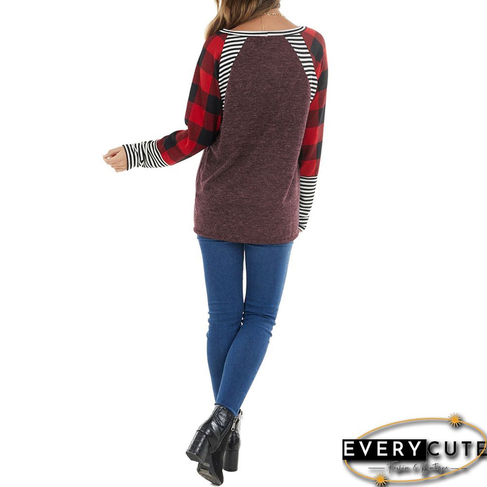 Wine Red Splice Plaid and Stripe Print Long Sleeve Tops