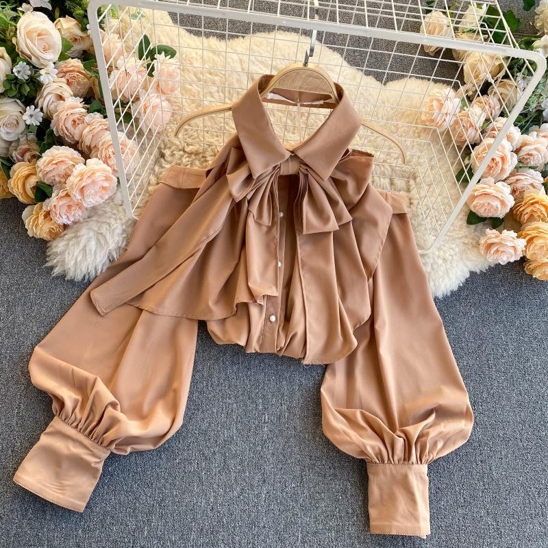2022 Spring Autumn New Blouse Women Halter Scheming Halter Shirt Bowknot Lapel Puff Sleeve Female Top C031