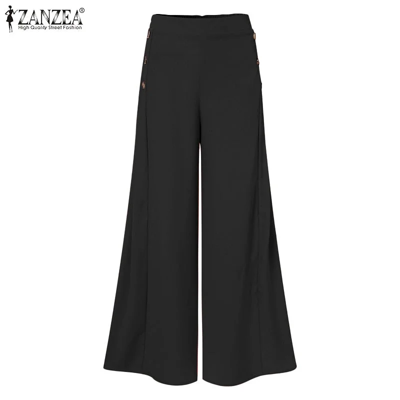 Women's Fashion Autumn Pants ZANZEA Casual Wide Leg Pants Vintage Elastic Waist Trousers Female Solid Button Bottoms