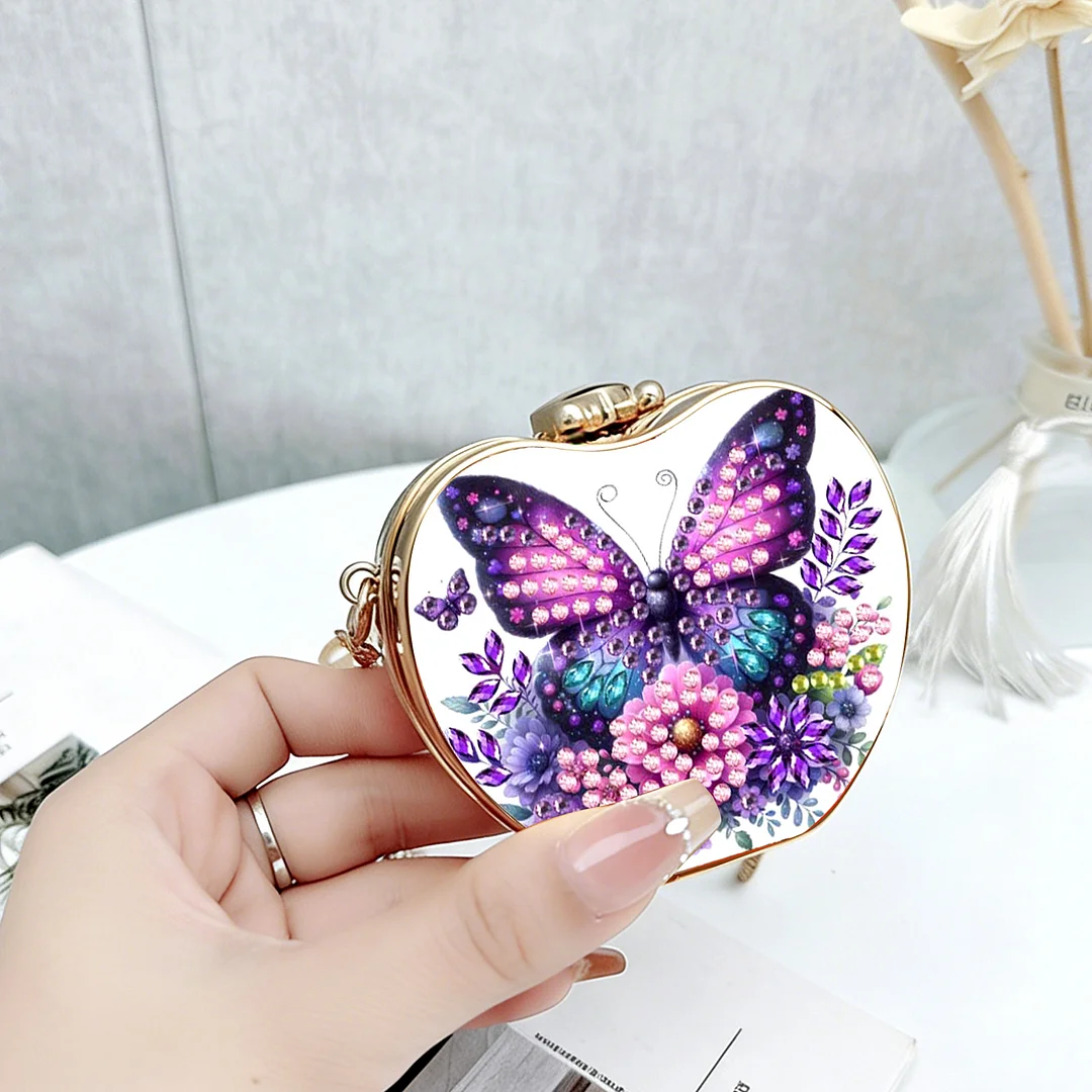 Purple Butterfly DIY Acrylic Love Diamond Art Painting Card Case Wallet with Chain Small Diamond Painting Crossbody Bag for Adults Women Girls Gift