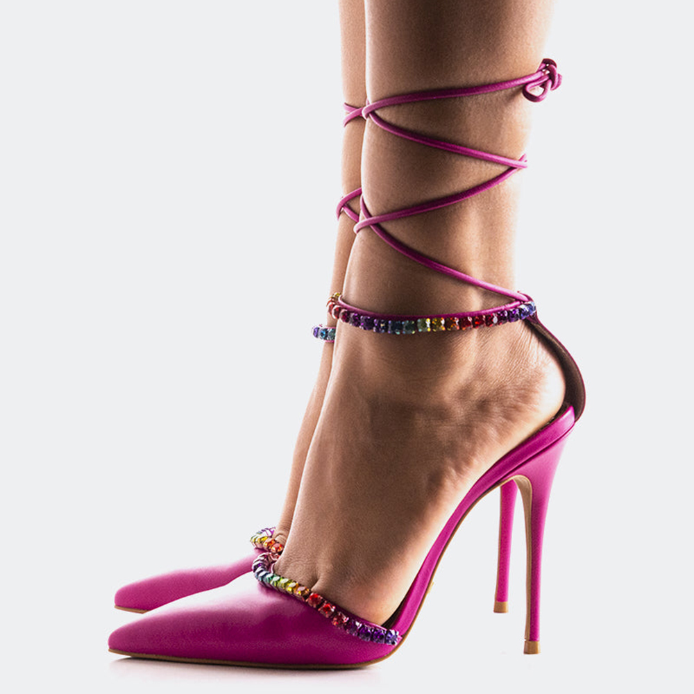 Pink Closed Toe 4'' Stiletto Heel Lace Up Sandals with Rhinestone Nicepairs