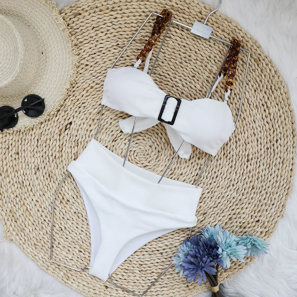 Brownm 2025 New Pure White Chain Sling Split Swimsuit Women High Waist Pit Strips Brab Bikini