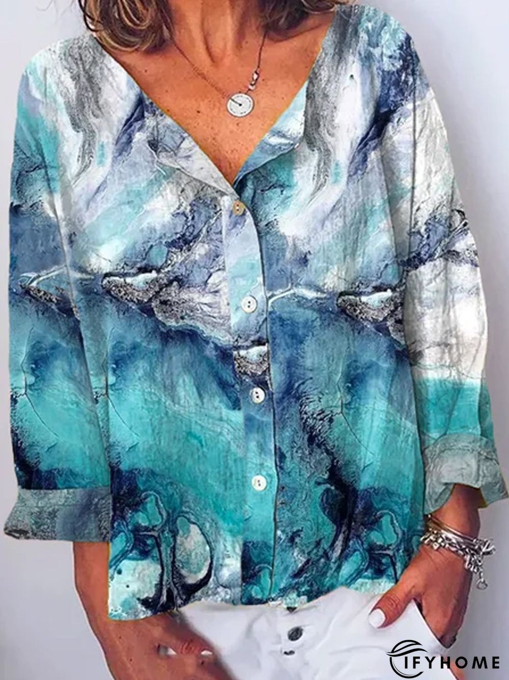 Printed Loose V Neck Cotton-Blend Blouse | IFYHOME